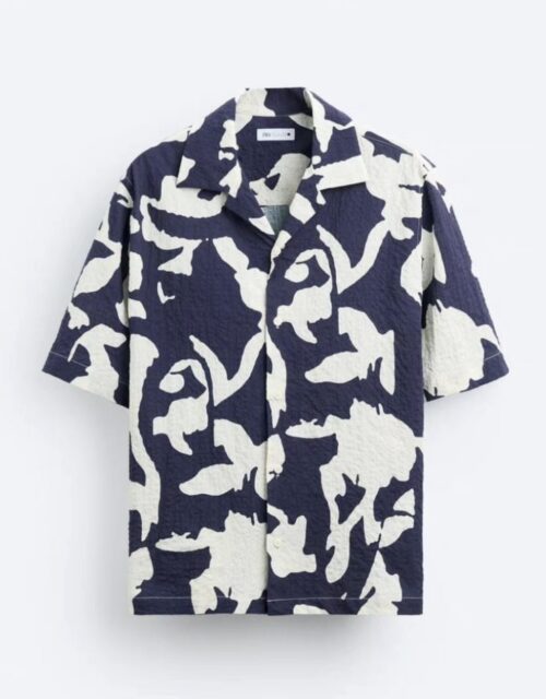 Zara- Regular Fit Abstract Print Stretch Cotton Shirt in Navy & White